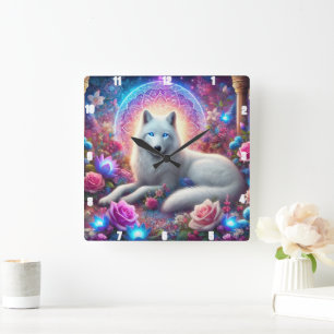 Relógio Quadrado Lobo Branco Místico