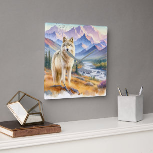 Relógio Quadrado Lobo Cinzento Natureza