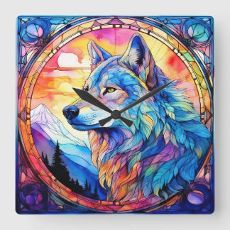 Relógio Quadrado Lobo em Vidro Colorido