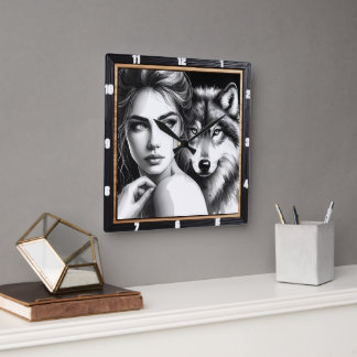Relógio Quadrado Lobo Indiano Nativo Preto E Branco