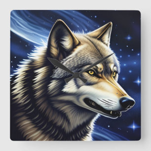 Relógio Quadrado Lobo Majestoso Sob Céu Estrelado