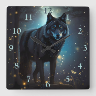 Relógio Quadrado Lobo Negro Misterioso