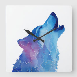 Relógio Quadrado Lobo uivando em aquarela azul