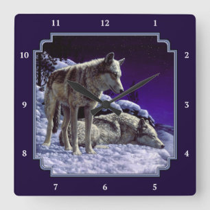 Relógio Quadrado Lobos cinzas na neve de inverno à noite