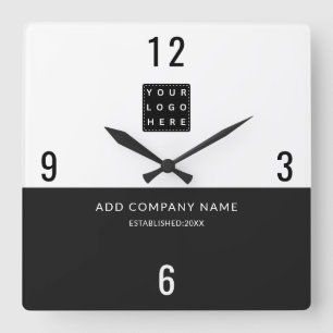 Relógio Quadrado Logotipo Minimalista da Empresa Nome Preto Branco