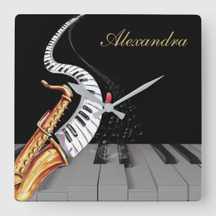 Relógio Quadrado Loja de Piano Saxofone Personalizada