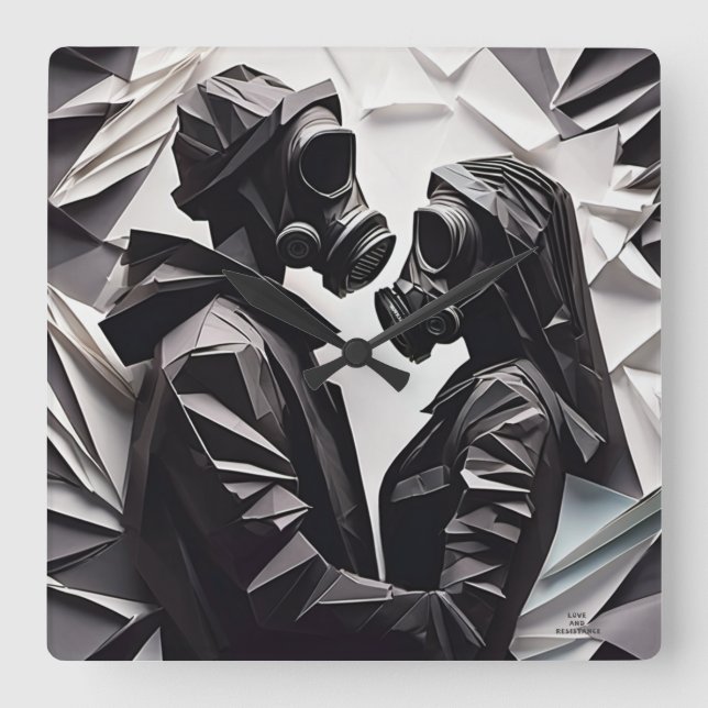 Relógio Quadrado LOVE E RESISTÊNCIA Origami B/W (Frente)