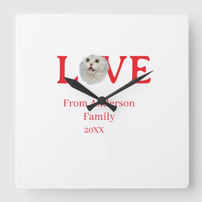Relógio Quadrado Love holidays cat photo pet family name bold lette (Frente)