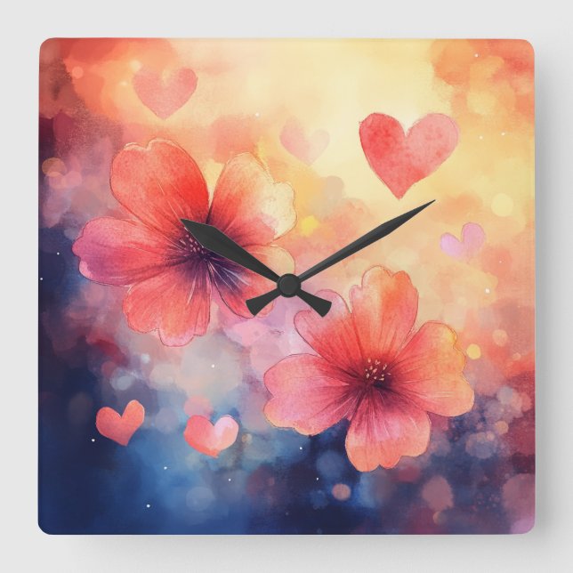 Relógio Quadrado Love in Bloom – Romantic Square Floral Wall Clock (Frente)