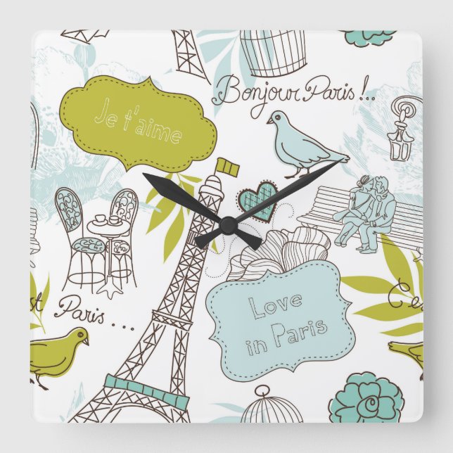 Relógio Quadrado Love in Paris Pattern (Frente)