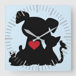 Relógio Quadrado Love Puppy e Kitten Silhouette