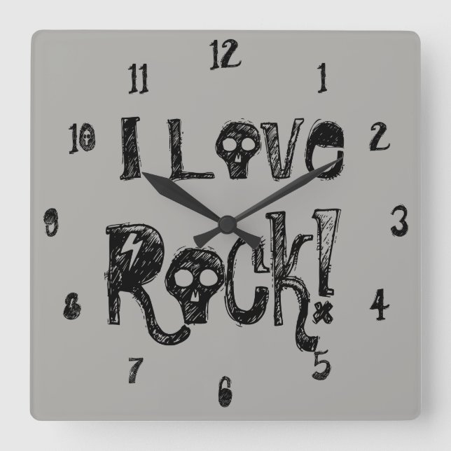 Relógio Quadrado Love Rock Skulls Wall Clock (Frente)