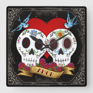Relógio Quadrado Love Skulls Square Wall Clock