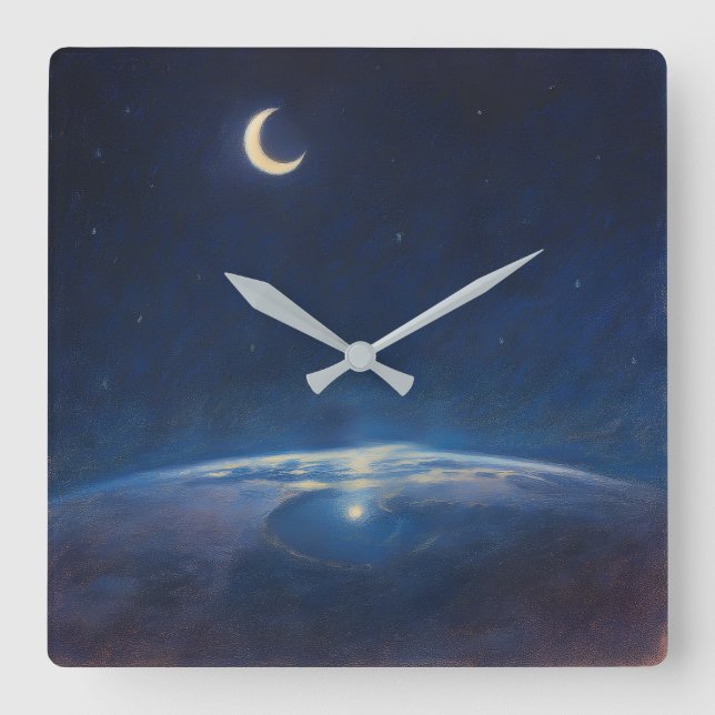 Relógio Quadrado Lua Crescente do Espaço - Estilo de Pintura Pastel (Frente)