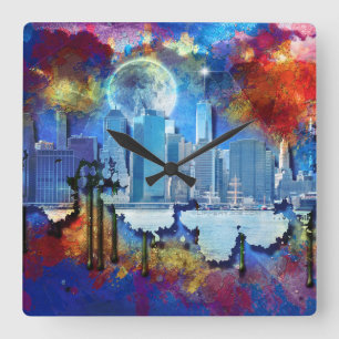 Relógio Quadrado Lua de grafite SlipperyJoe NYC rodeada de espiral