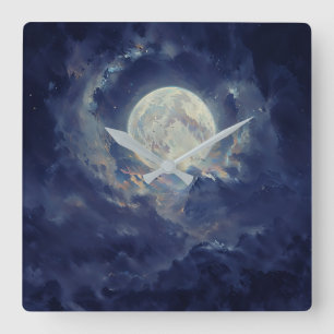 Relógio Quadrado Lua - Design de Arte Etéreo