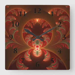 Relógio Quadrado Luminoso fractal moderno laranja vermelho abstrato