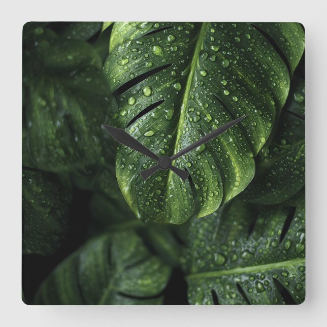 Relógio Quadrado Lush Monstera Leaves with Morning Dew Drops (Frente)