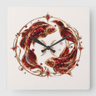 Relógio Quadrado Luxo Peixes Zodíaco Vermelho