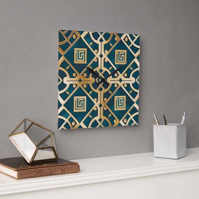 Relógio Quadrado Luxury Marble Art Deco Grego Mar Chave Verde Doura (Escritório)