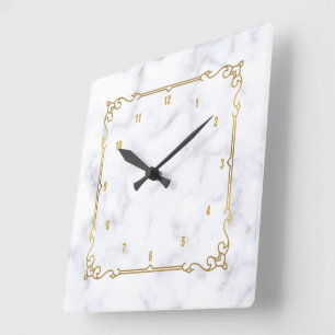 Relógio Quadrado Luxury white and gray marble vintage gold frame