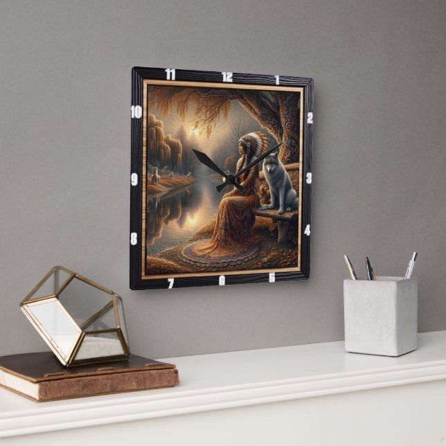 Relógio Quadrado Luz Nativa: Música da Manhã de Pico de Montanha (Escritório)