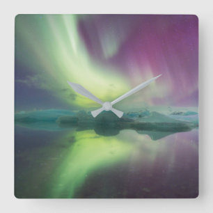 Relógio Quadrado Luzes da Aurora na Lagoa Jokulsarlon, Islândia