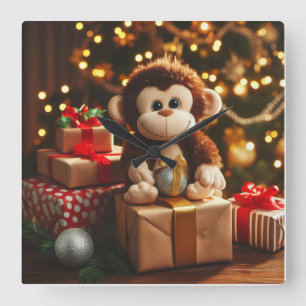 Relógio Quadrado Macaco bonito com um presente de Natal