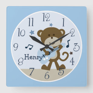 Relógio Quadrado Macaco Rockstar/Baby Nursery Clock