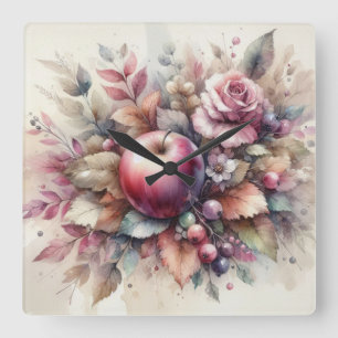 Relógio Quadrado Maçãs em queda de cores pastosas pintura a aquarel
