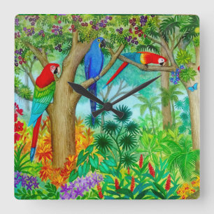 Relógio Quadrado Macaw Parrot Jungle Art Wall Clock