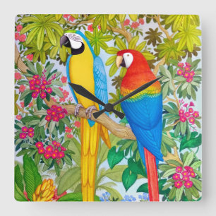 Relógio Quadrado Macaw Parrots Tropical Birds Wall Clock