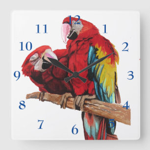 Relógio Quadrado Macaw Watercolor Papagaio Pássaro Pássaro Sala Rel