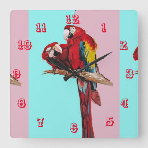 Relógio Quadrado Macaw Watercolor Papagaio Pássaro Pássaro Sala Rel