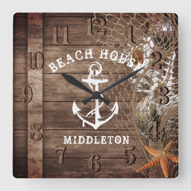 Relógio Quadrado Madeira de Vintage Náutica (Frente)