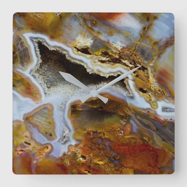 Relógio Quadrado Madeira Petrificada com cristais (Frente)