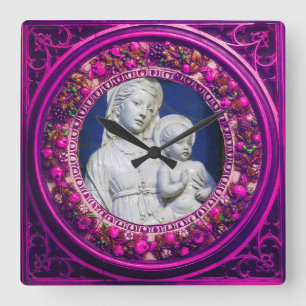 RELÓGIO QUADRADO MADONNA COM RENAÍSCIA FLORAL DE PINCO INFANTIL
