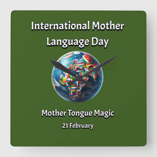 Relógio Quadrado Madre Tongue Magic. Dia da Língua Mãe. (Frente)