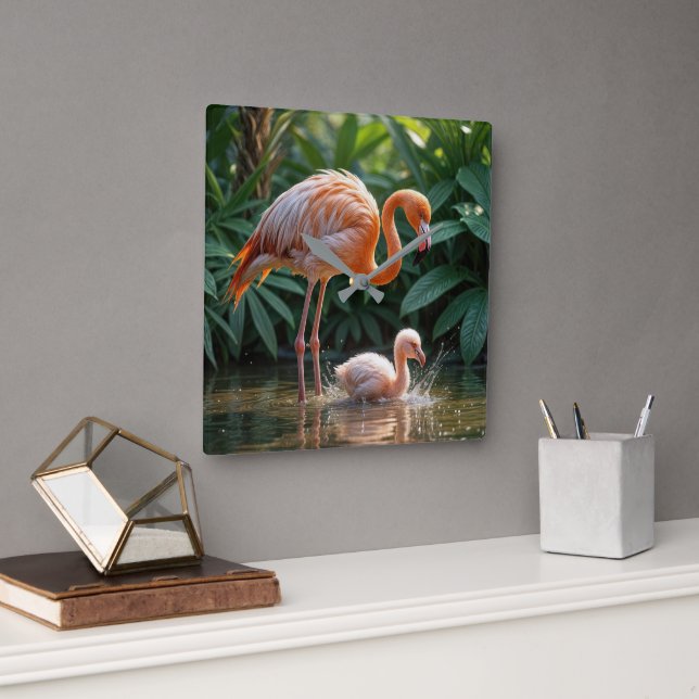 Relógio Quadrado Mãe de Flamingo com Filhote (Escritório)