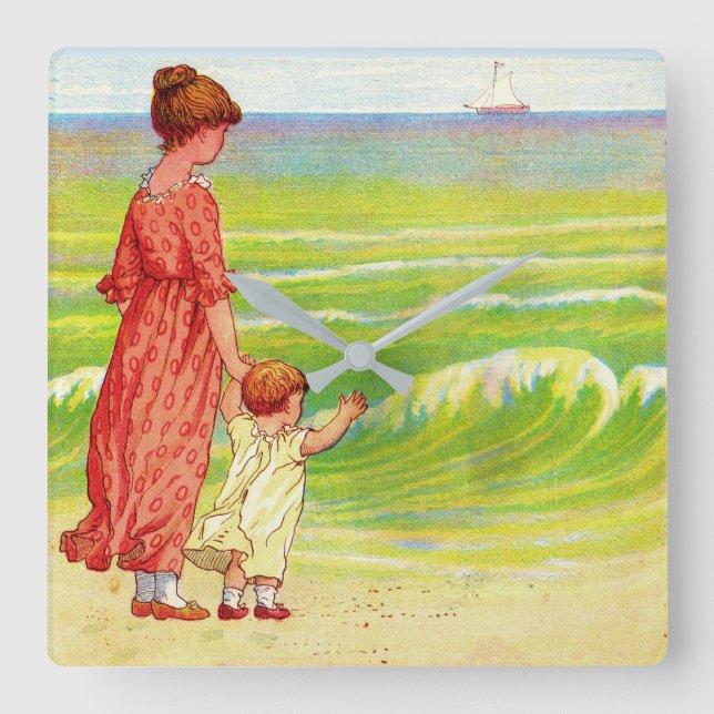 Relógio Quadrado mãe e bebê na praia (Frente)