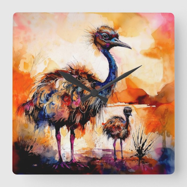 Relógio Quadrado Mãe Emu e Pintinho no Outback Austrália (Frente)
