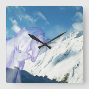 Relógio Quadrado Mãe Unicorn e Bebê