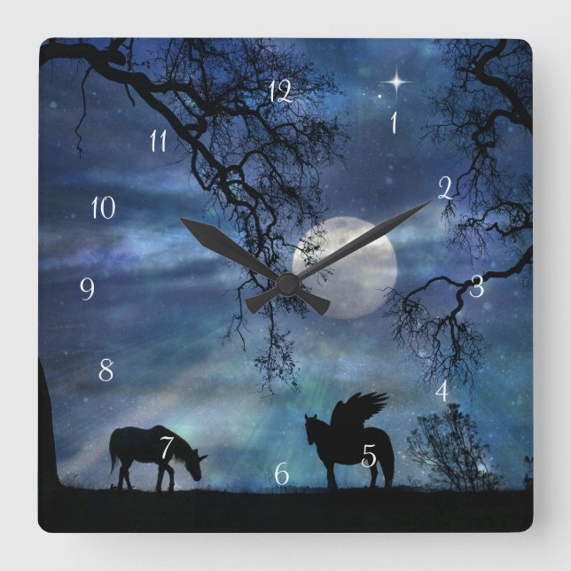 Relógio Quadrado Magic Fantasy Unicorn e Pegasus Clock (Frente)