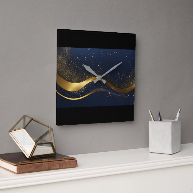 RELÓGIO QUADRADO MÁGICA DE GLITTERAÇÃO DOURADA ROYAL PRETA (Escritório)