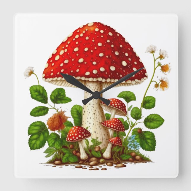 Relógio Quadrado MAGICAL MUSHROOM Wall Clock, 27.3cm Square Acrylic (Frente)
