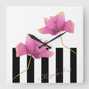 Relógio Quadrado Magnolia Rosé Modern Floral e Stripes