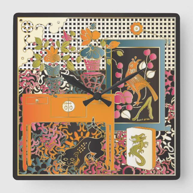 Relógio Quadrado Mah Jongg Orange Mesa (Frente)