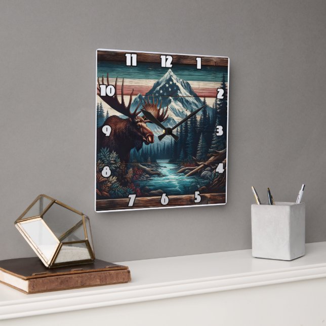 Relógio Quadrado Maiestosa Moose na Paisagem Cênica da Montanha (Escritório)