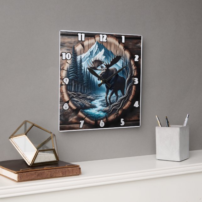 Relógio Quadrado Maiestosa Moose por Stream na Paisagem Montanha (Escritório)