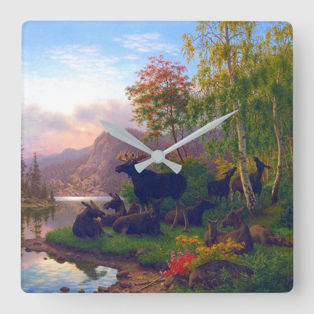 Relógio Quadrado Maiestoso alce em um campo de paisagem de outono n (Frente)